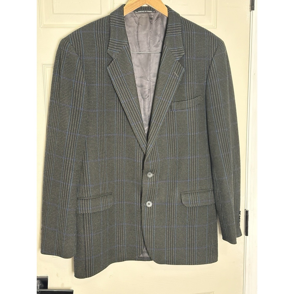 Sergio Valente Mens 40R Gray Blue Plaid Tweed Wool 2 Button 2pc Suit